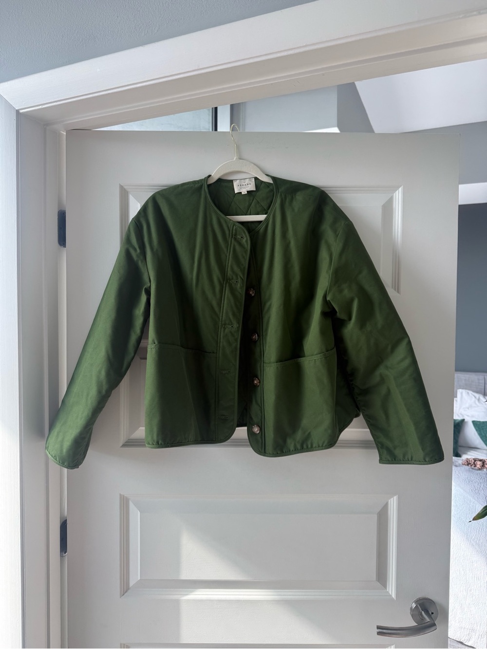 Sezane Olive Green Collarless Utility Jacket